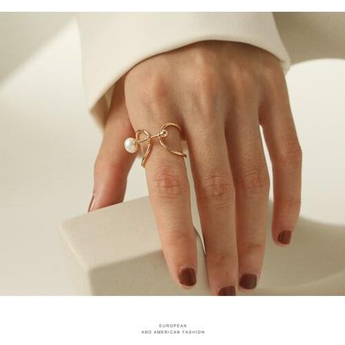 2021 New Pearl Gold Ring For Women Unnormal Special Shape Ring Adjustable Geometry Hollow-carved Design Fashion Party Gift