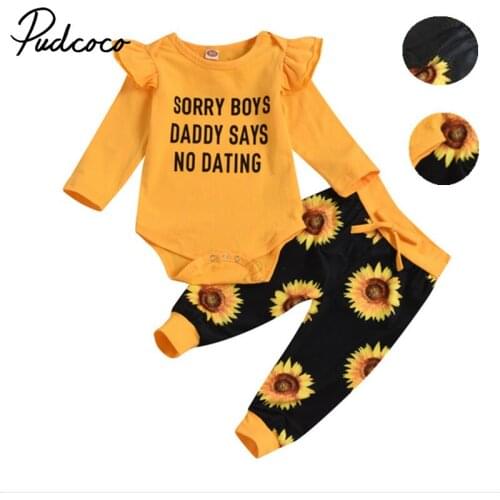 Three Piece Baby Girl’s Clothes Unique Letter Long Sleeve Jumpsuit and Sunflower Long Pants with Headband Spring Autumn
