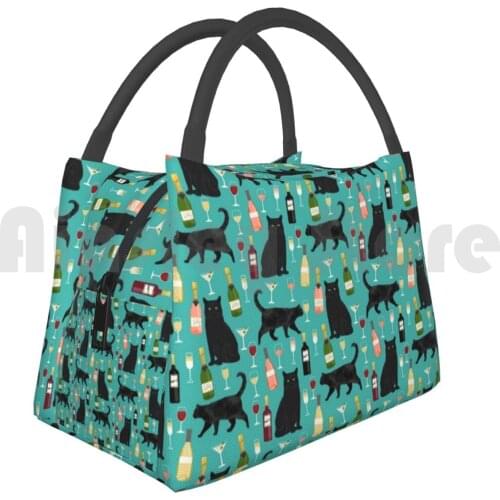 Portable Insulation Bag Black Cat Wine Champagne Cocktails Cat Breeds Cat Lover Pattern Art Print By Petfriendly
