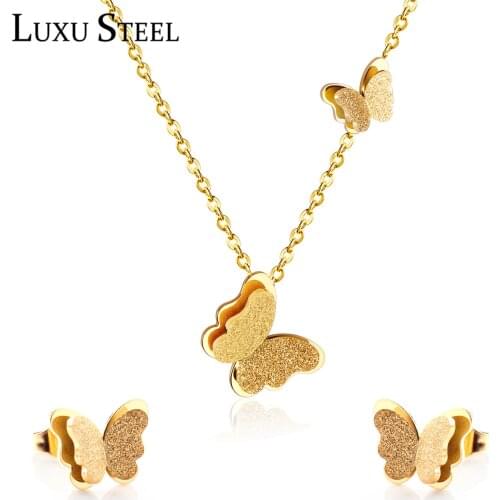 LUXUSTEEL Butterfly Necklace Cute Style Gold Color Butterfly Pendant Necklace Earrings Sets Brinco aretes Stainless Steel Chains