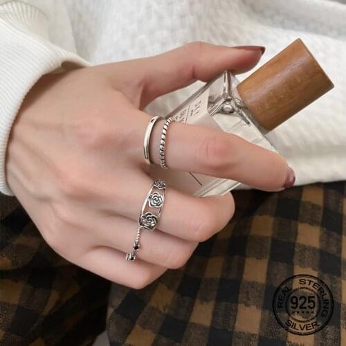 S925 Silver Double Hollow Rose Flower Open Rings For Women Vintage Punk Fashion New Trend Hot Sale Lady Fine Gift Jewelry INEFFA