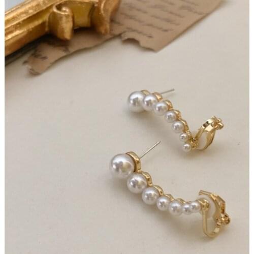 Vintage Elegant Asymmetry Pearl Irregular Gold Color Stud Earrings Ear Clip for Women Wedding Jewelry Accessories
