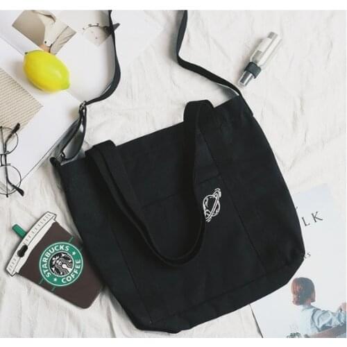 Students Girls Crossbody School Bags Women Canvas Shoulder Bags Cloth Cotton Shopping Bags Eco Handbags Tote White Black