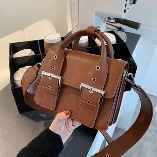 Vintage Rivet Belt Design Tote Bags For Women Wide Strap Square Women Shouolder Bag Luxury PU Leather Womens Handbag Purse New