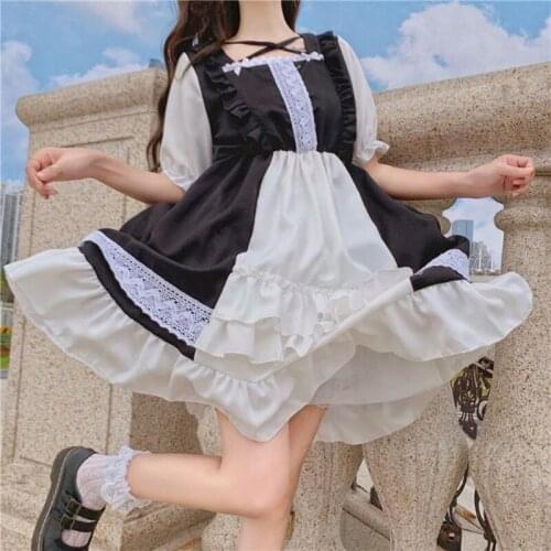 Japanese Sweet Kawaii Jsk Lolita Dress Women Vintage Victorian Gothic Square Collar Short Sleeve Lace Princess Tea Party Dresses
