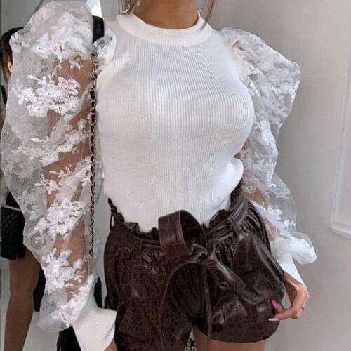 New 2020 Spring Summer Chic Fower Embroidery Mesh Gauze Puff Sleeve Blouse Women Streetwear Slim Shirt Female White blusas