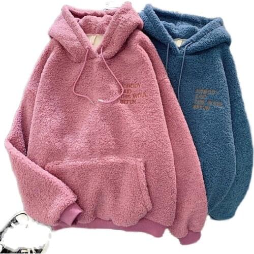 #1138 Loose Hooded Sweatshirts Women Large Size Casual Cotton Faux Woolen Warm Sweatshirt Femme Korean Front Pockets Hoodie Tops