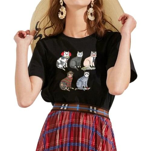 Womens T-shirt Cotton Horror Movie Scary Halloween Funny Cat Pennywise tshirts male tops summer plus size shirts for women