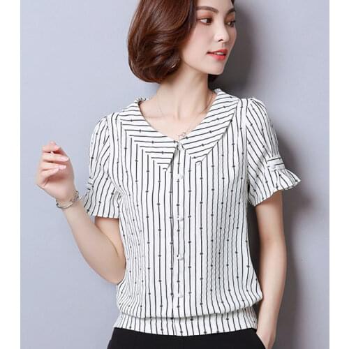 Women Spring Summer Style Chiffon Blouses Shirts Lady Casual Short Sleeve Peter pan Collar Striped Bluasa Tops DF2403