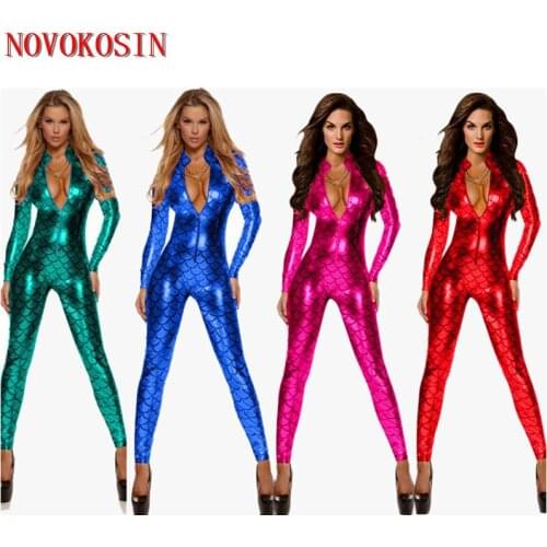 XX109 S-XL 2018 Faux leather Women Bodysuit Dance Club Wear PVC Fish Pattern Jumpsuit Front Zipper Long Sleeve Motorbike Teddies