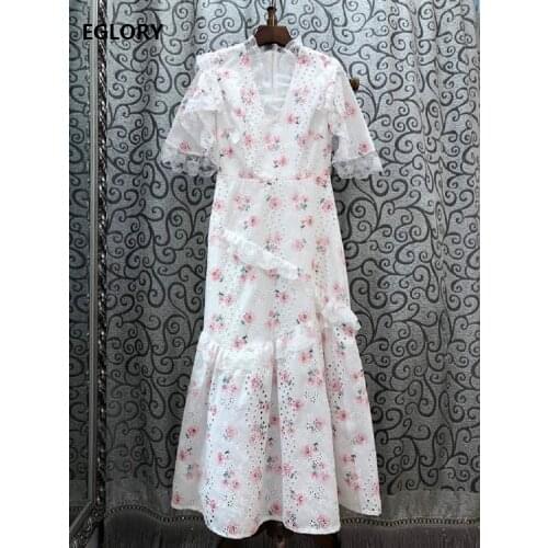 Top Quality New 2020 Summer White Long Dresses Women V-Neck Sweet Pink Floral Print Ruffle Lace Patchwork Ankle Long Maxi Dress