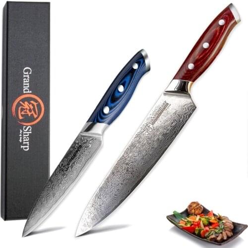 2 Pcs Damascus Knife Set Japanese Stainless Steel VG10 Chef Utility Knives Cooking Kitchen Chef Knives with Gift Box Grandsharp