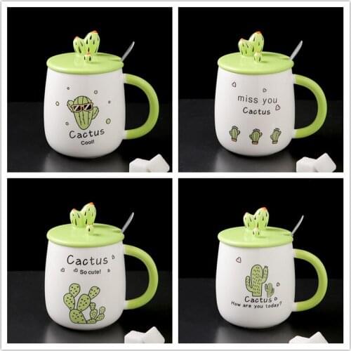 3pcs/set 3D Cactus Embos Coffee Ceramic Mug With Lid Spoon Coffee Milk Breakfast Water Tea Cup Drinkware Creative Gifts