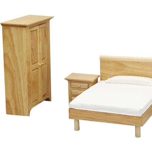 4X Doll House Handcraft Wood Unpainted Bedroom Furniture Bed Bedside Table Closet 1:12 Dollhouse Life Scene Decoration Toys