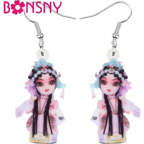 Bonsny Acrylic Chinese Beijing Opera Earrings Lightweight Print Lovely Long Dangle Drop For Women Girls Kid Novelty Gift Jewelry