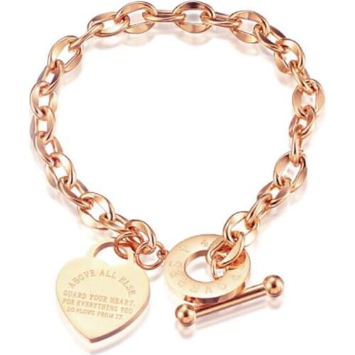 Stainless Steel Rose Gold Heart Bracelet Bangle Jewelry Women Ladies Proverbs 4:23 Bracelet Gift For Him