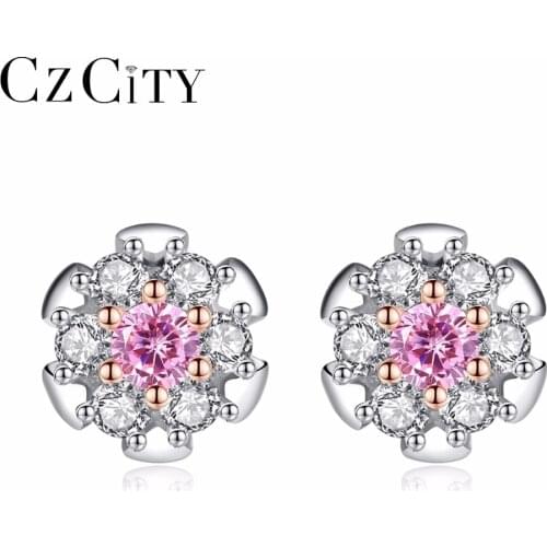 CZCITY Real 925 Sterling Silver Pink Zircon Stud Flower Earrings for Women Girls Sterling-Silver-Jewelry White & Gold Plated