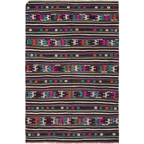 Purple Striped Accent Rug, 7x4 Green Embroidery Wool Rug, Candy Colors Kids Room Rug, Cozy Decorative Rug, Dark Tones Boho Rug