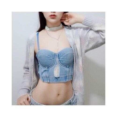 Hirigin Sexy Backless Camis Tops Summer Push up Bra Ripped Tassel Sleeveless Denim Crop Tops Tees Women Vintage Blue Streetwear