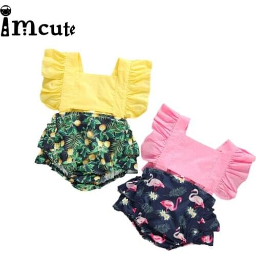 Imcute 2020 New Newborn Baby Girl Clothes Flying Sleeves Cute Bodysuit Flamingo Cartoon Jumpsuit Sunsuit Headband Outfit 0-24M