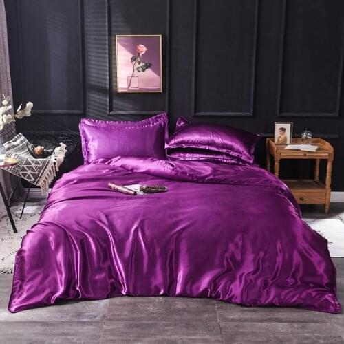 Satin Silk Bedding Set Solid Color Ice Silk Bed Linen Purple Duvet Cover Bed Sheet Pillowcase Twin Full Queen King Bedclothes