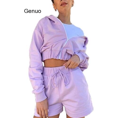 Autumn New Fashion 2Pcs Sports Clothing Suit Casual Womens Girls Zipper Sweater Hoodie Long Sleeve Hoodies+High Wait Shorts Sets