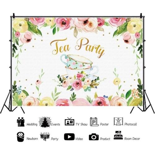 Beautiful Flowers Cup Cartoon Children Backdrops Kids Photography Birthday Party Photos Background for Shooting Decor