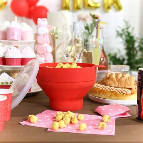Creative Foldable Popcorn Bowl Maker with Lid Microwave Silicone Popcorn Bucket Red High Temperature Large Kitchen Easy Tool