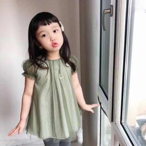 Summer 2021 girls short-sleeved dress high-quality green leaves starry net yarn stitching dress