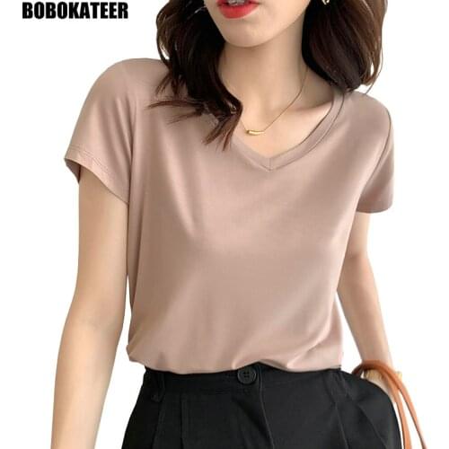 Short Sleeve T Shirt For Women Clothes Vintage Summer Tops Woman Tshirts White Casual Basic Black Tee Shirt V Neck Korean 2021