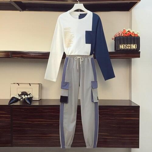 Fashion plus size womens sports two piece suit 2021 autumn new casual O-neck long-sleeved T-shirt and harem pants two piece set