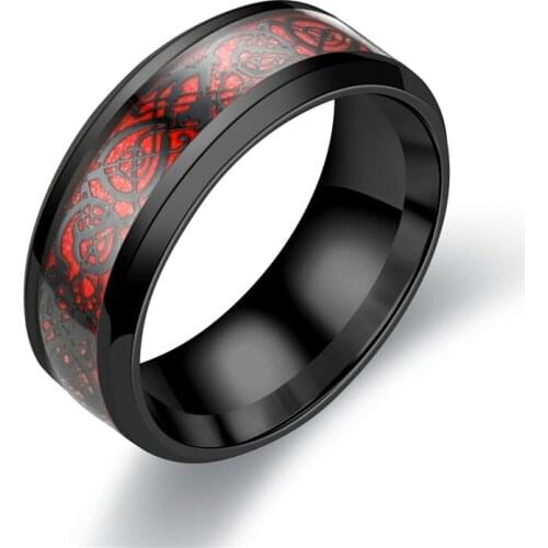 Fashion Stainless Steel Mens Ring Carbon Fiber Dragon Pattern Inlay Ring Suitable For Wedding Couple Jewelry