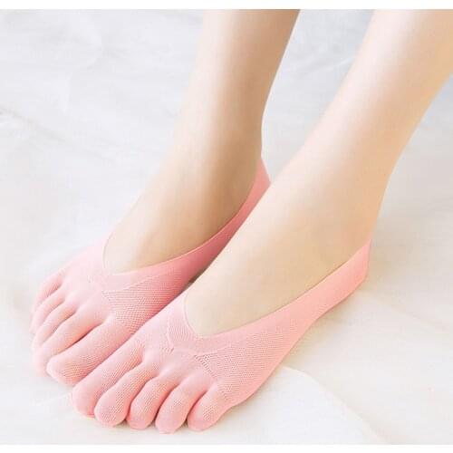 5 Pairs Five Finger Boat Socks Women Spring Summer Thin Plain Weave Shallow Mouth Velvet Ice Silk Sweat Absorbent Toe Socks
