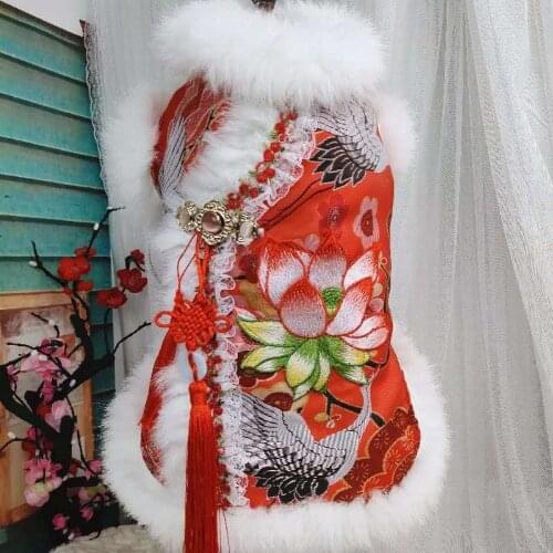 Pet dog clothes pet Tang suit cheongsam Chinese style lotus pond moonlight show Wo suit pet New Year dress red crane cheongsam
