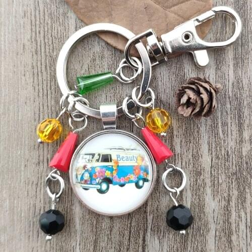 Original Cute New Fashion Keychain Vintage Hippie Peace Sign Van Bus Time Gem Key Ring Women Men Birthday Fathers Day Gift