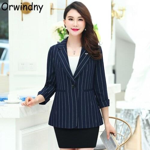 Orwindny Fashion Striped Blazer Coat Women 5XL Plus Size Office Lady Brooch Suit Jacket One Button Nothced Clothing