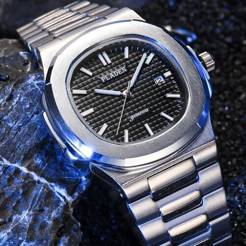 PLADEN Mens Silver Waterproof Watch Luxury Gentleman Trend Calendar Quartz Wristwatches Male Simple Style Perfect Birthday Gift