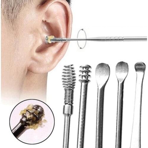 5Pcs Portable Home Stainless Steel Spiral Ear Picks Spoons Wax Removal Tools with Box Ear Cerumen Cleaning Tools