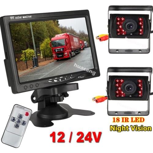 Truck Trailer Van 12V-24V 7" Reversing Rear View Dual Camera Parking Monitor Waterproof Night Vision System