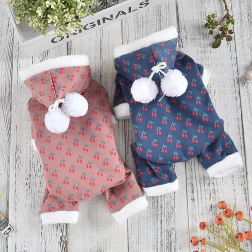 Cherry Print Dog Down Tracksuit Winter Warm Pet Hoodie Overall With Cute Ball Hat Costume Chihuahua Schnauzer Puppy Animal Goods