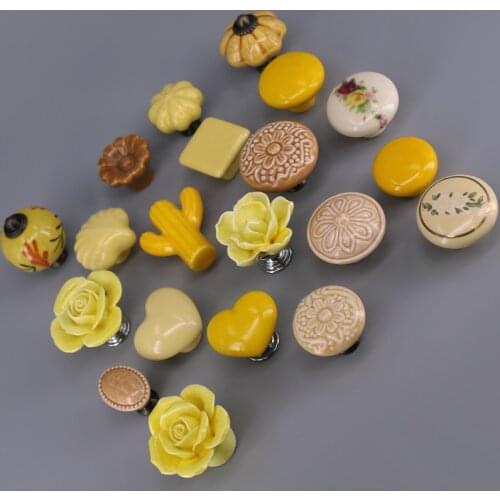 1PC Vintage Europe Ceramic Knobs Yellow colored Porcelain Pulls Handles for Kids Furniture Wardrobe cabinet Doors drawer Knobs