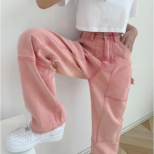 Woman Jeans Streetwear Vintage Quality Harajuku Straight Pants High Waist Clothes Wide Leg Clothing Pink Womens Denim Trousers