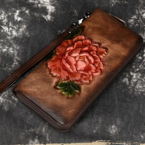 Women Genuine Leather Purse Money Handy Bag ID Card Holder Coin Embossed Vintage Clutch Wrist Bags Natural Skin Long Wallet New