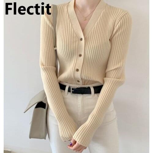 Flectit Crop Cardigan Ribbed Knit Long Sleeve V-Neck Button Up Sweater Women Spring Autumn Chic Knitwear