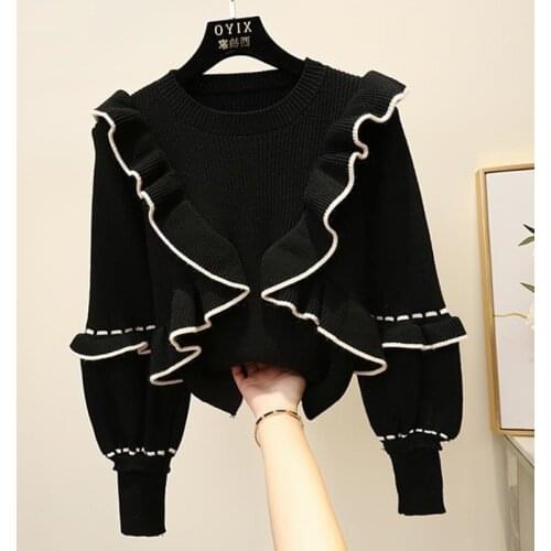 2021 Autumn Winter Womens Top Korean Style The Ruffle Stitching Pullover Sweater Lantern Sleeve Knitted Bottoming Tops Female