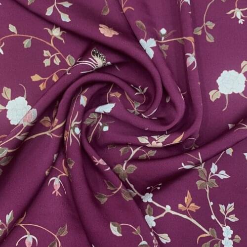 108CM Wide 19MM Floral Print Stretch Purple Red Silk Satin Fabric for Summer Dress Shirt Scarf G003
