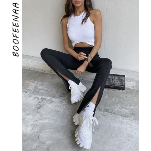 BOOFEENAA Black Zip Front Split Flare Pants Women High Waist Sexy Stretch Trousers Fashion Clothes for Women 2020 Fall C76-CA27