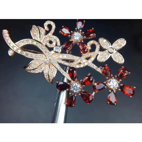 Flower Garnet brooch Free shipping Natural real Garnet 925 sterling silver brooch 3*5mm 15pcs gemstone