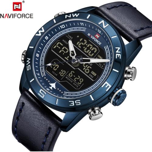 NAVIFORCE Men Watch Digital Sport Mens Watches Top Brand Luxury Military Army Leather Band Analog LED Quartz Male Clock New 9144