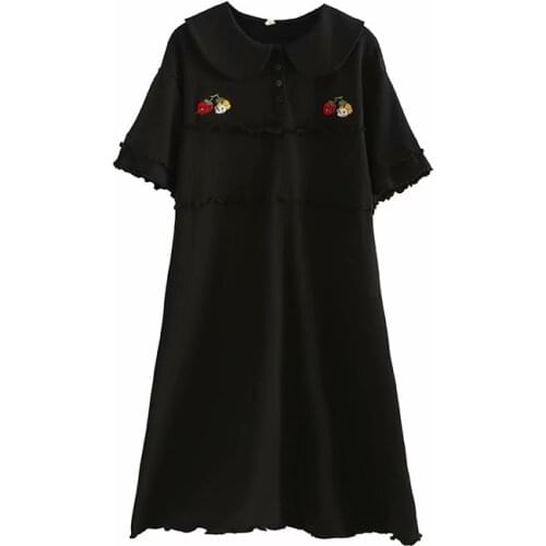 Black Cartoon Strawberry Embridery Women Dress Short Sleeve Turndown Collar Mini Dresses Hight Waist Mori Girl Style Dress